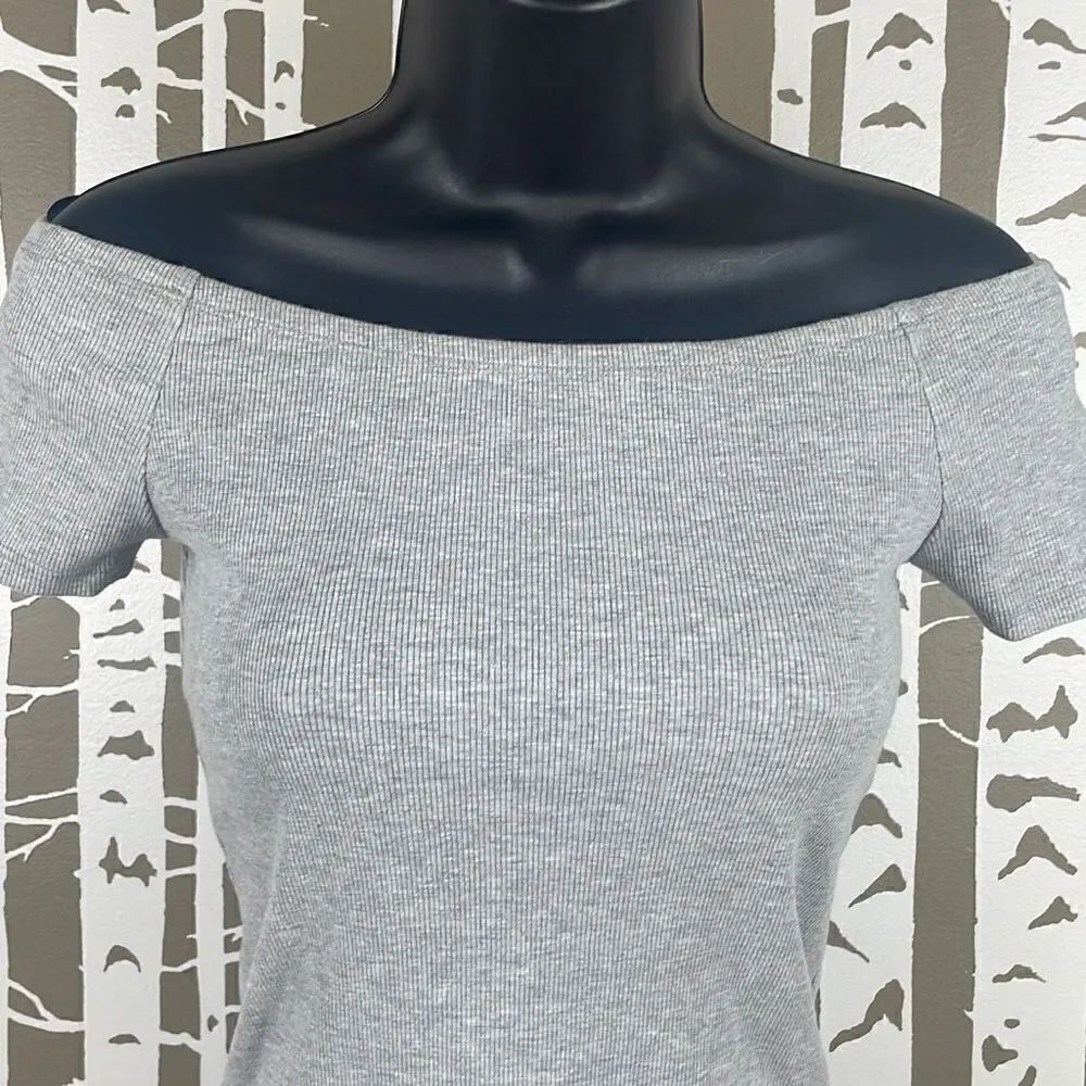 Off Shoulder Ribbed Cropped Top S Gray - Picture 5 of 6